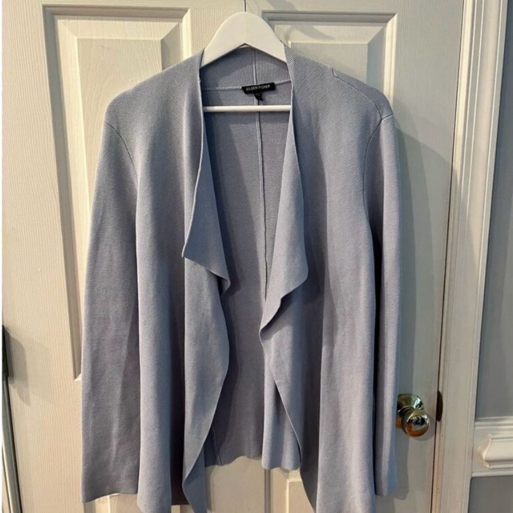 Eileen Fisher Light Blue Silk Blend Open Front Waterfall Cardigan Sweater sz M E